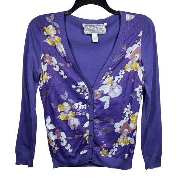Nick‎ & Mo Cardigan Women’s Medium Purple Cotton Floral Button Front Sweater - Picture 1 of 7